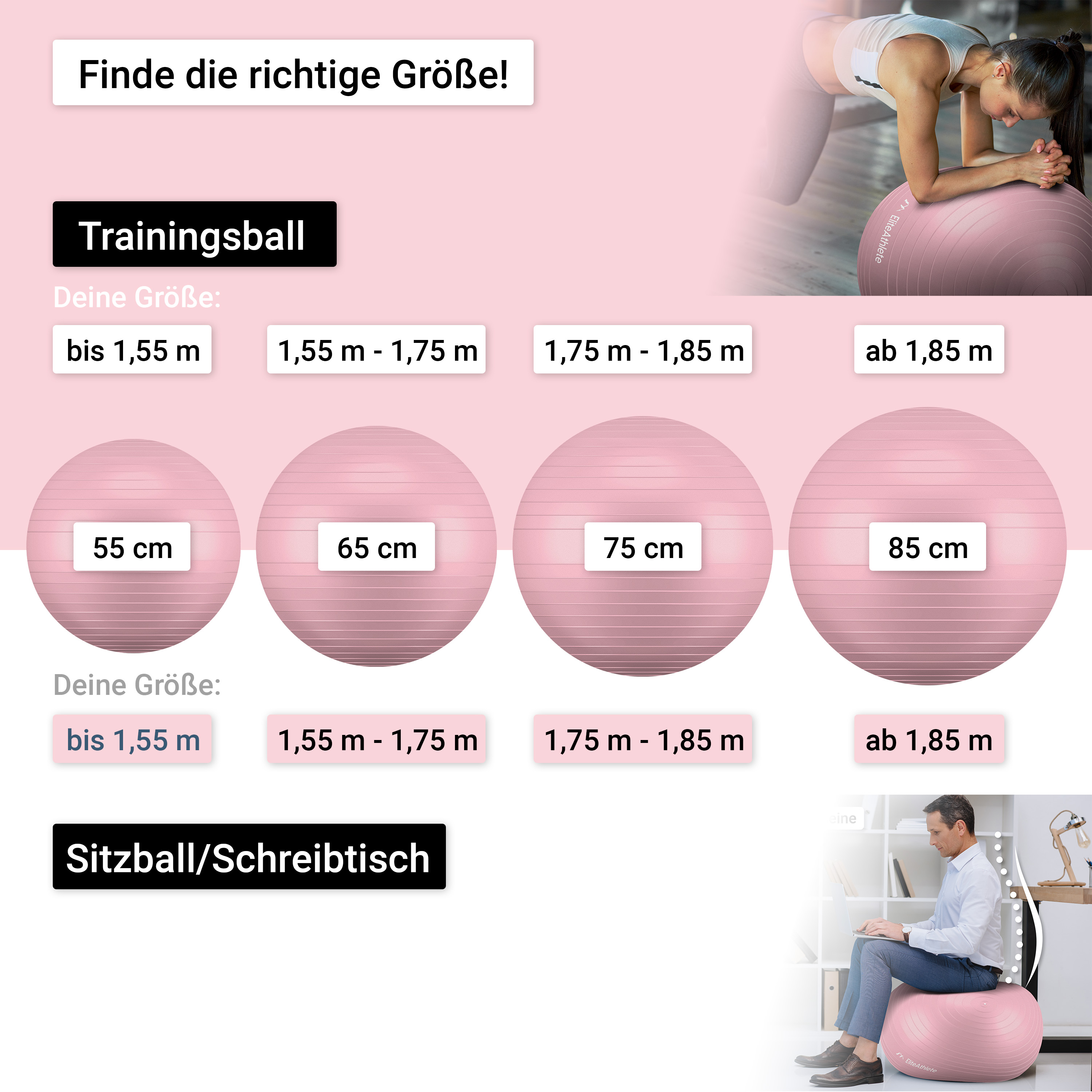 Das Bild zeigt Größentabellen für Gymnastikbälle, mit einer Person, die einen im Hintergrund benutzt.