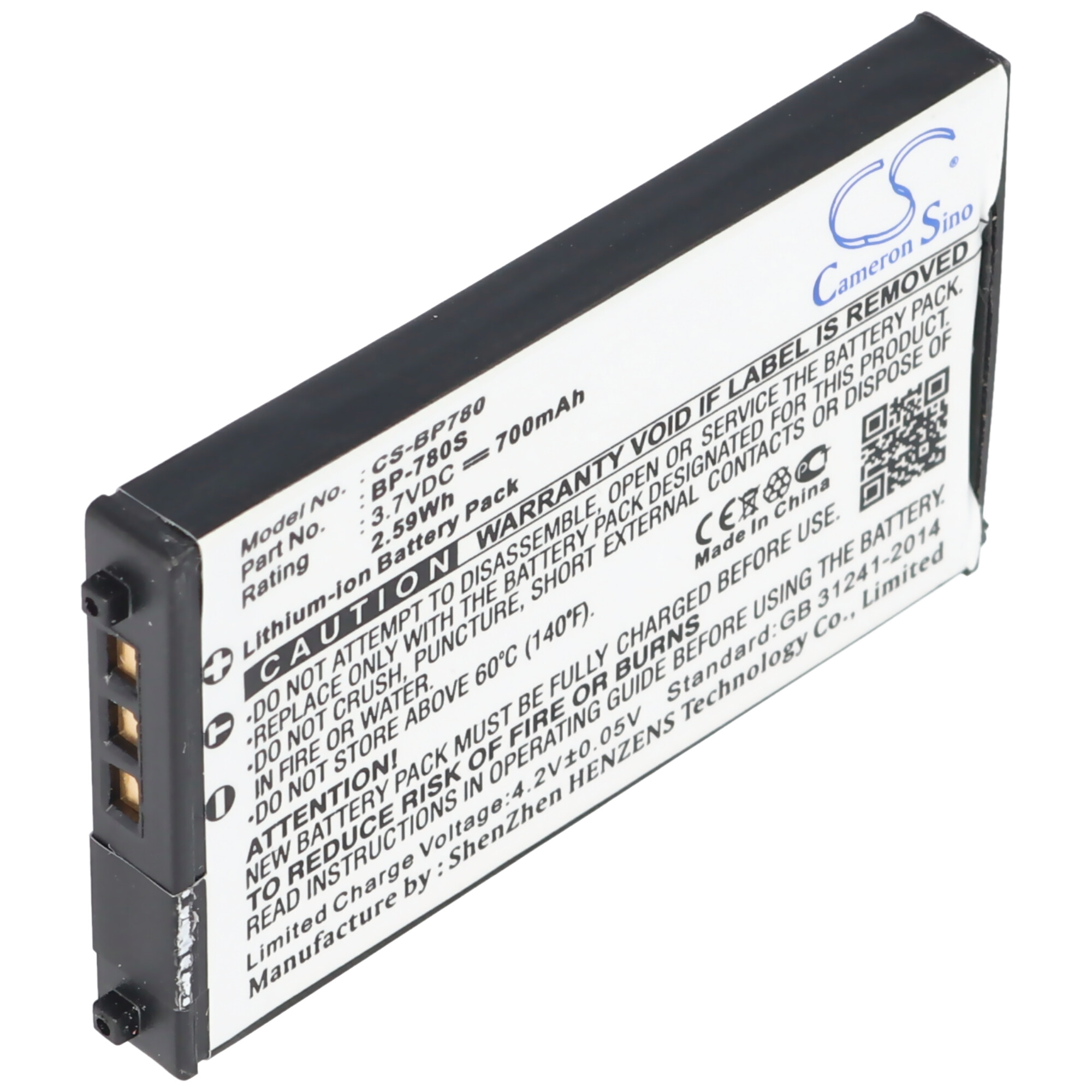 Schwarz-weiße rechteckige Batteriepackung mit Etiketten.