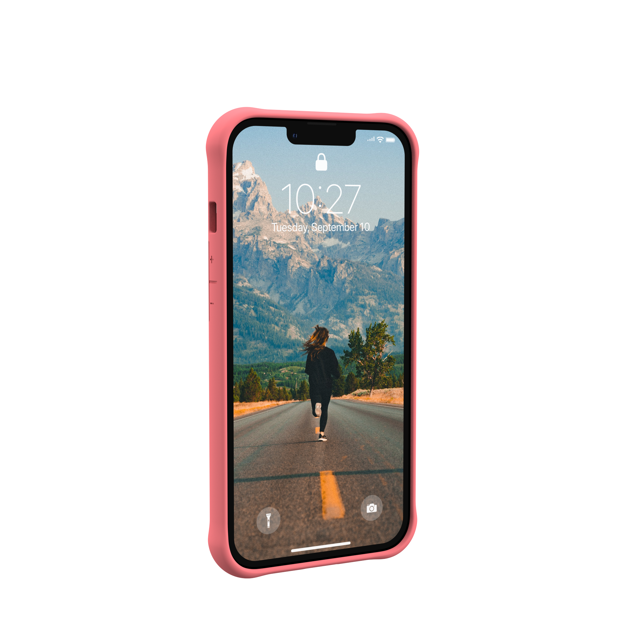 Ein Telefon in einem rosa Gehäuse, das eine Bergstraßenszene mit einer Person auf dem Bildschirm zeigt.
