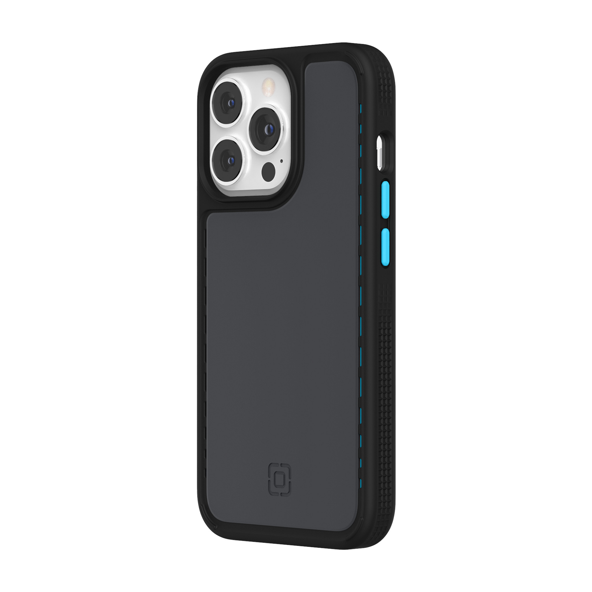 Schwarze und graue iPhone-Hülle mit Kameraaussparung. Blaue Akzente an der Seite. Weißer Hintergrund.