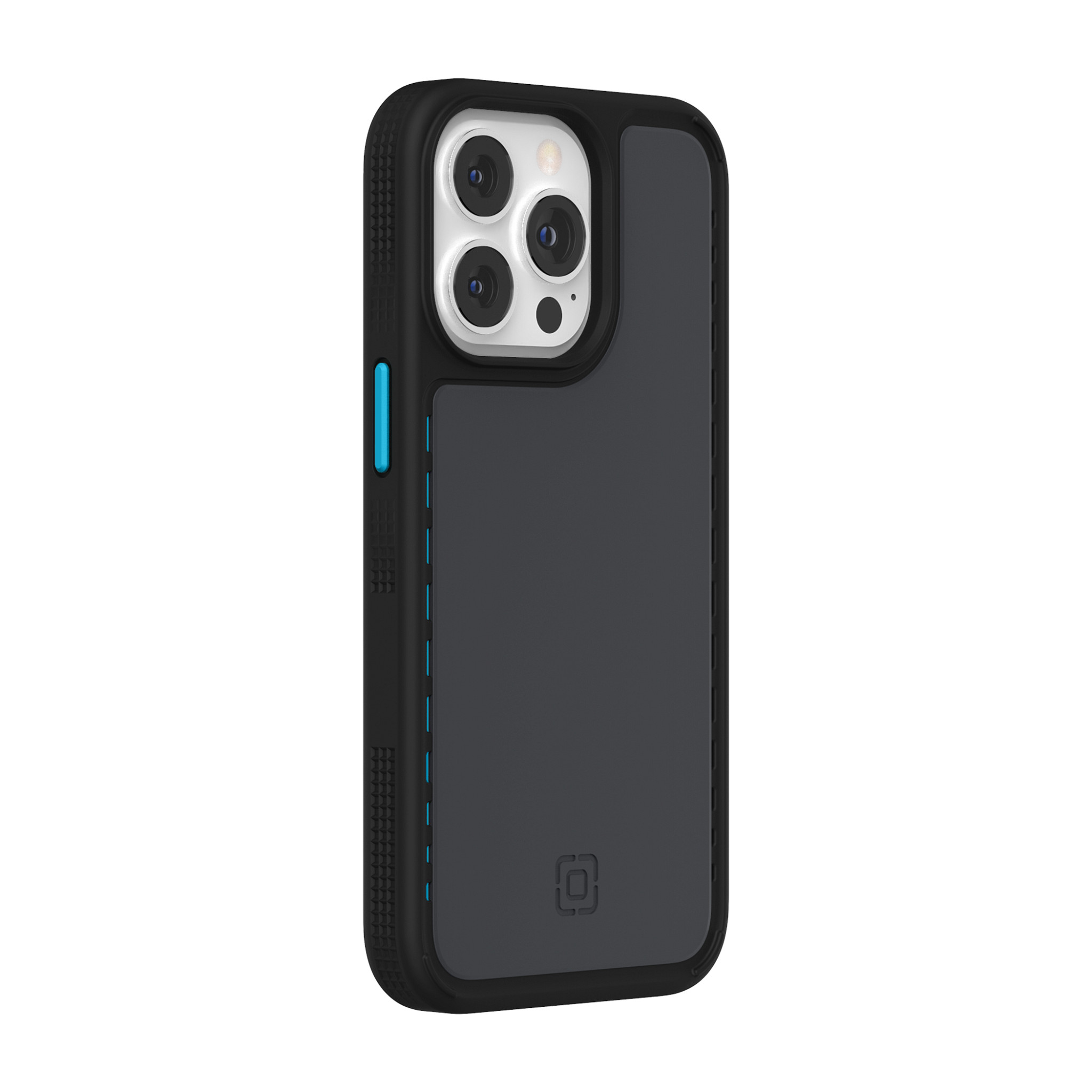 Schwarze iPhone-Hülle mit schwarzem und grauem Design, blauer Seitentaste, vier Kameralinsen.