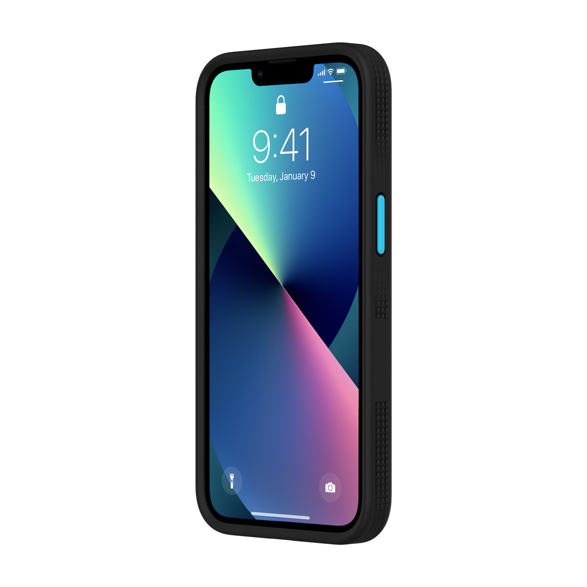 Schwarzes iPhone mit schwarzer Hülle, Bildschirm zeigt Zeit und Hintergrund.
