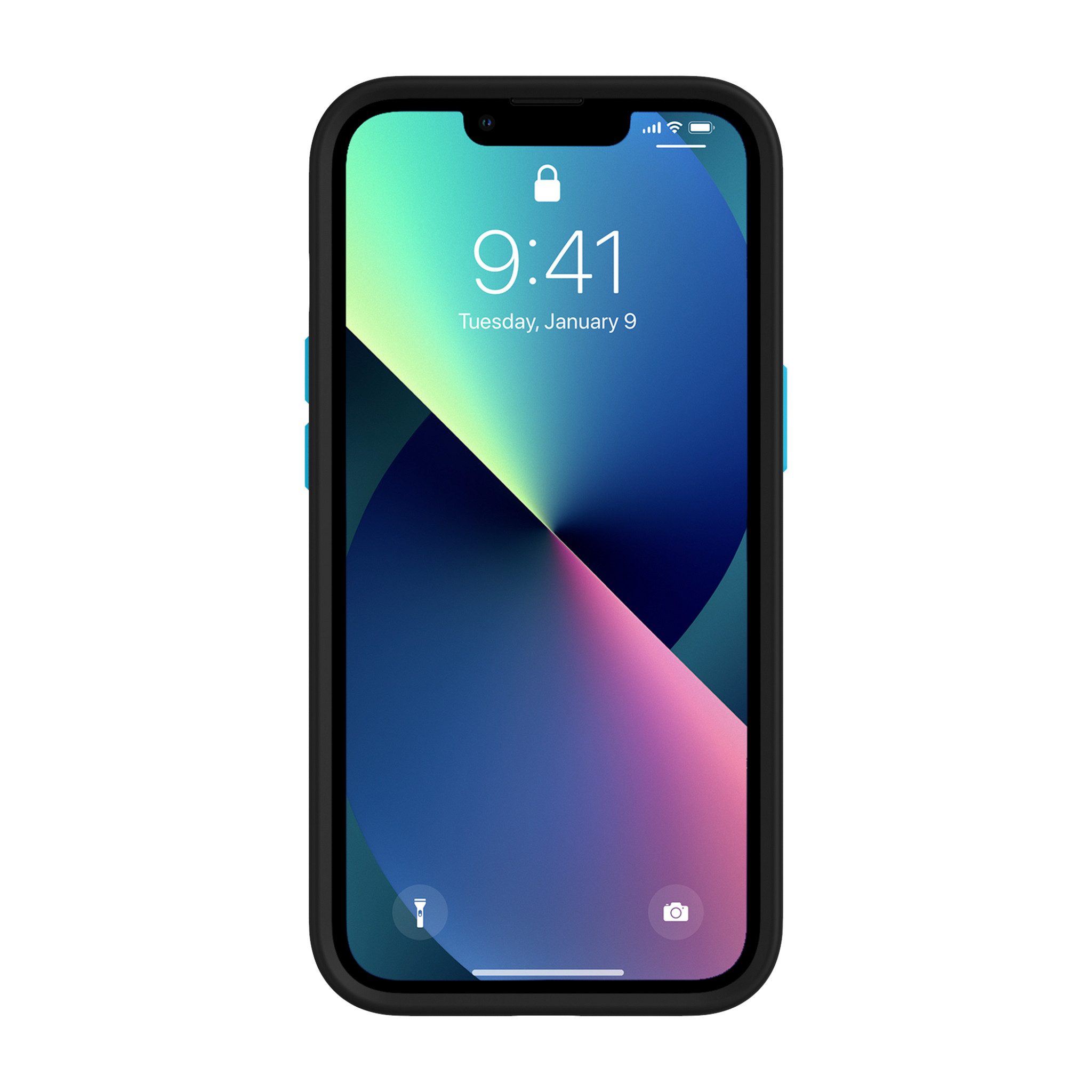 Ein schwarzes Telefon zeigt ein farbenfrohes, abstraktes Design. Zeit: 9:41 Uhr, Dienstag, 9. Januar. Schwarzer Rahmen, weißer Hintergrund.
