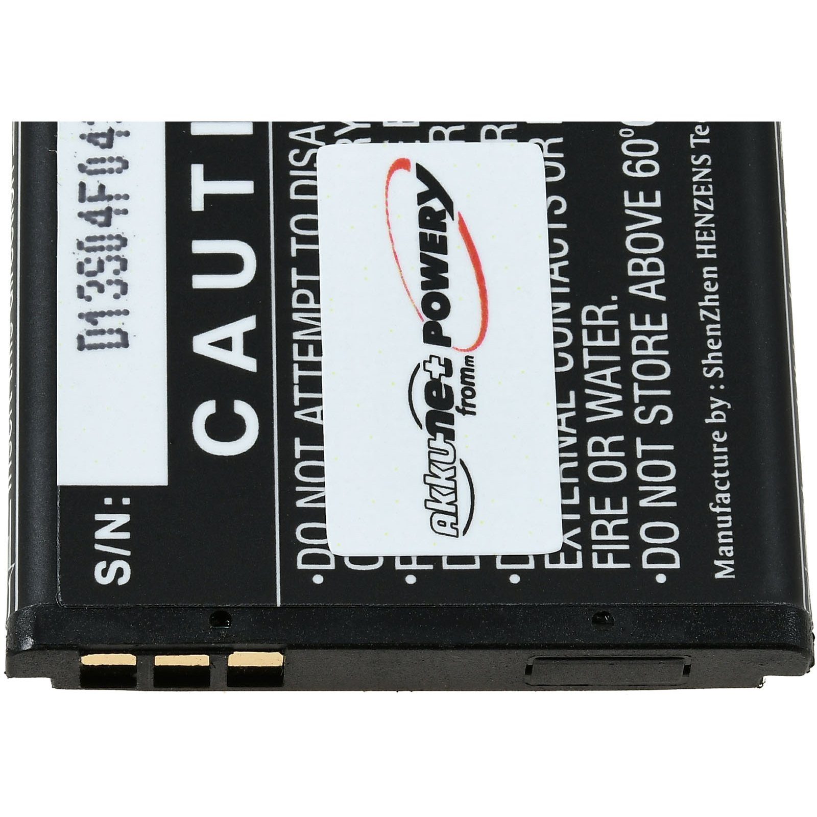 Eine schwarze Batterie mit Text und einem Aufkleber. Der Aufkleber lautet 'Akku-net POWER'.
