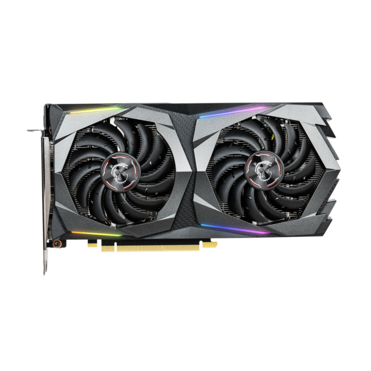 İki fanlı grafik kartı. RGB aydınlatmalı gümüş ve siyah bir tasarıma sahip.