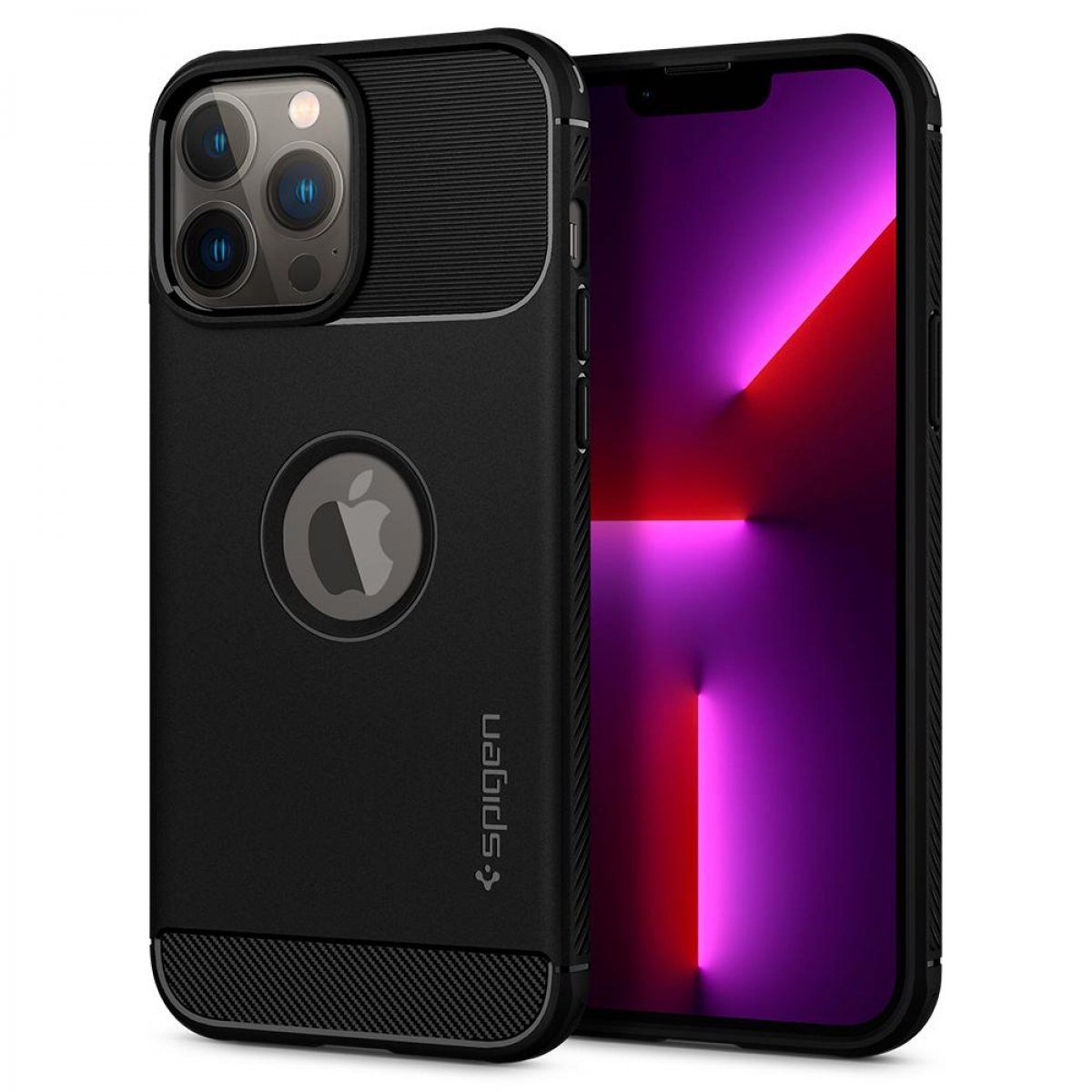 Eine schwarze iPhone-Hülle. Die Hülle hat eine strukturierte Rückseite und das Apple-Logo ist sichtbar.