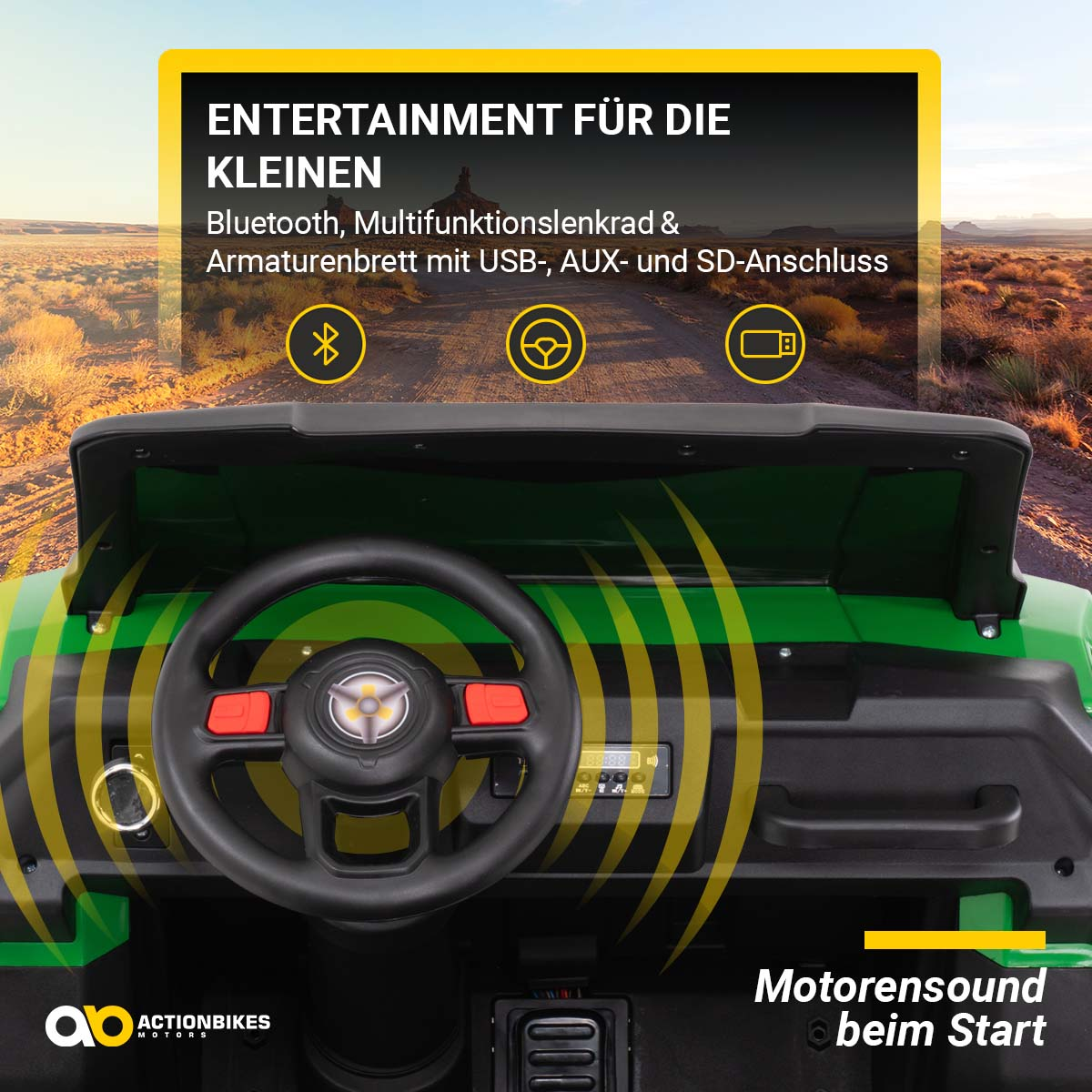 Armaturenbrett eines grünen Spielzeugautos mit Lenkrad, Knöpfen und Text: Unterhaltung für Kinder.