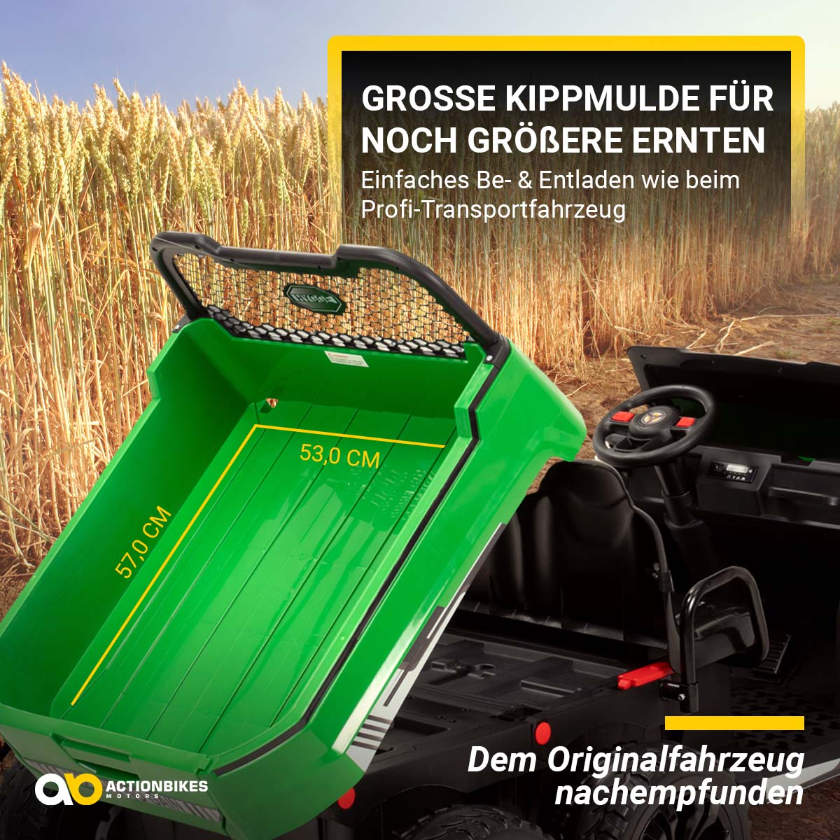 Grüne Spielzeug-Traktorpritsche mit schwarzen Akzenten. Text: Große Kipppritsche für größere Ernten.