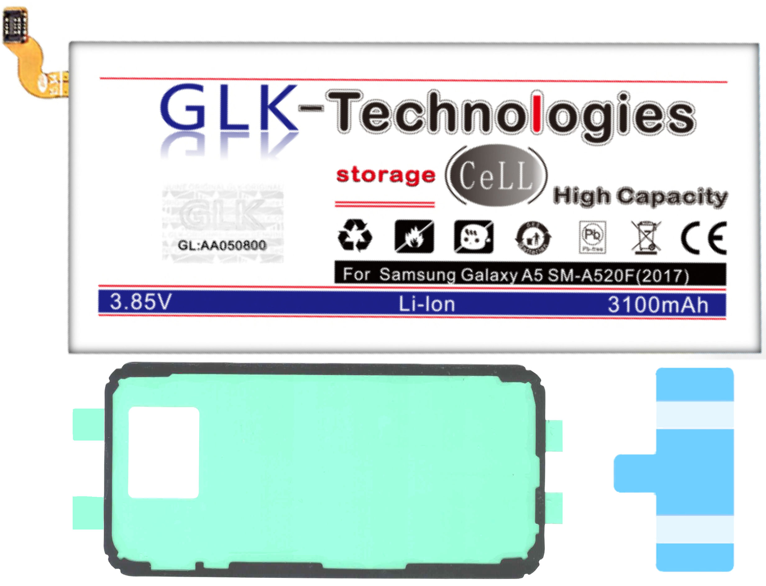 GLK-TECHNOLOGIES High Power Ersatz 2017 Lithium-Ionen, Li-Ion Galaxy A5 3100mAh Samsung 3.85 Akku, Akku Volt, SM-A520F 3100mAh Ersatz für accu Battery Smartphone