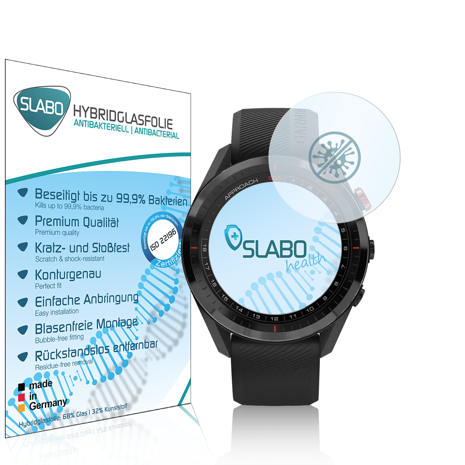 Smartwatch-Displayschutzfolie mit Verpackung, auf einer schwarzen Uhr.