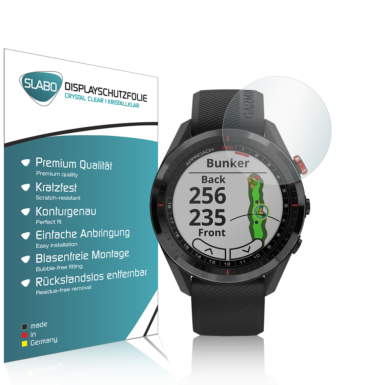 Smartwatch mit Displayschutzfolie, Golfplatz-Infos. Links eine Schutzfolienbox.