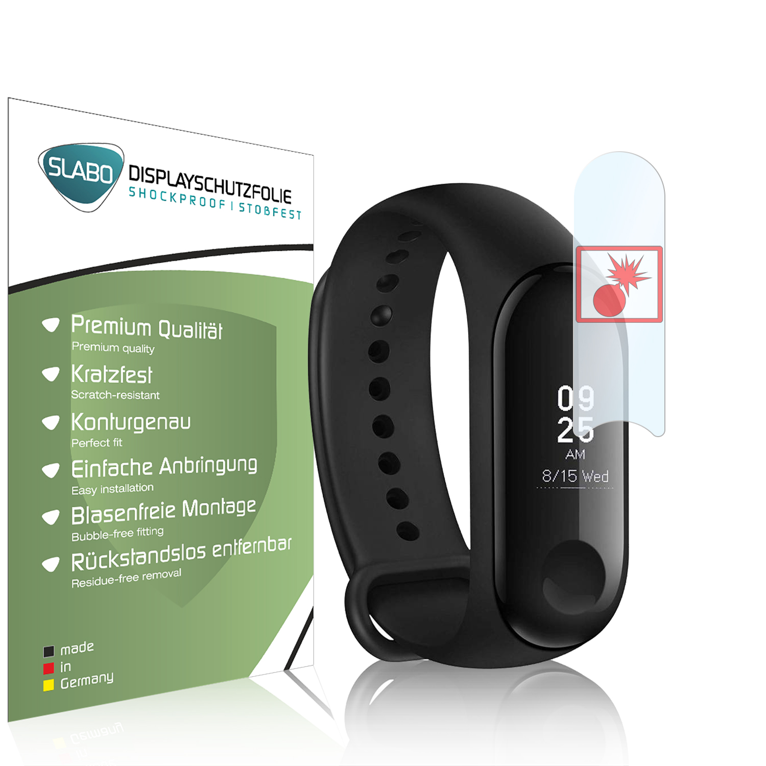 Ein schwarzer Fitnesstracker mit Displayschutzfolie und Verpackung auf Weiß.