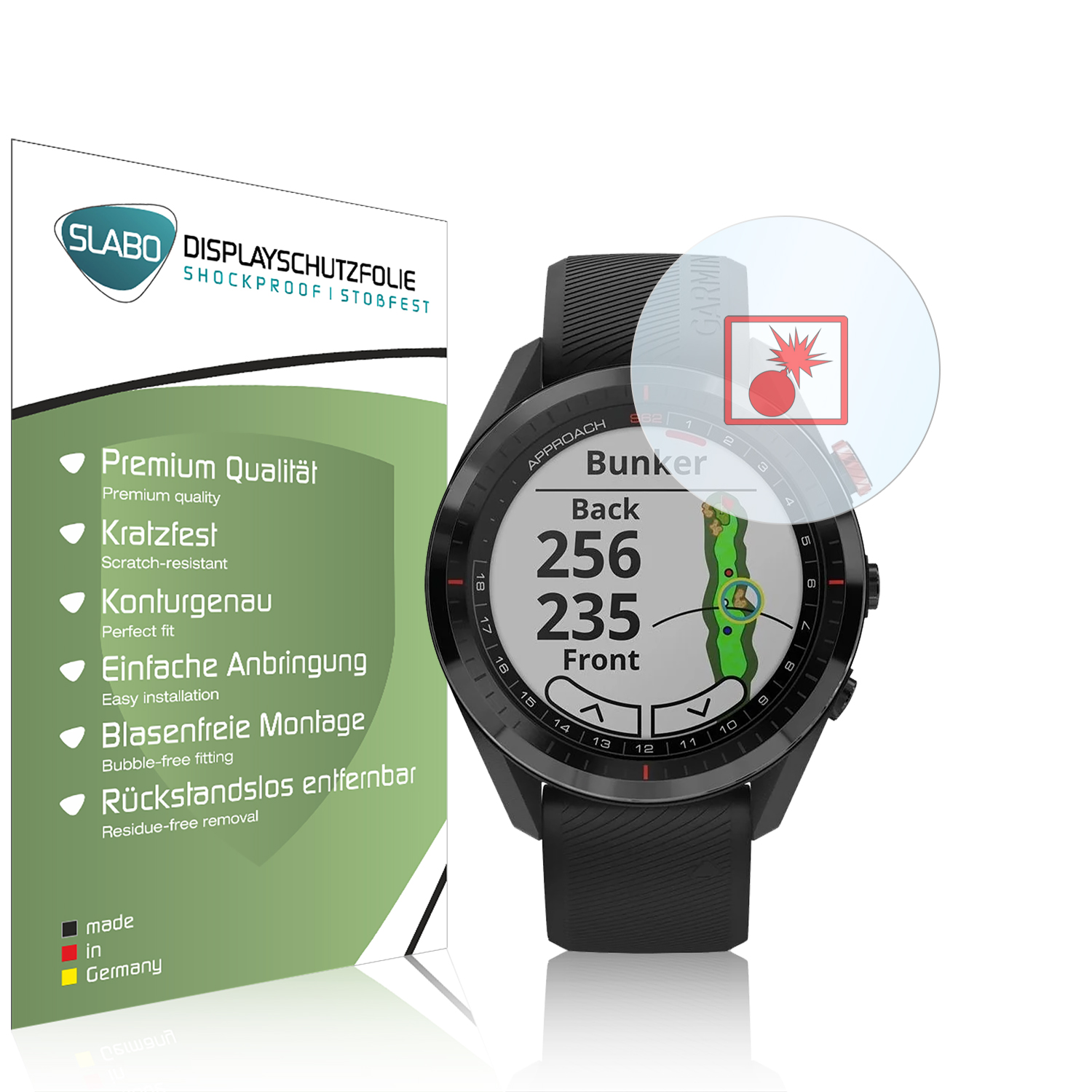 Eine schwarze Garmin-Uhr mit einem Bildschirm, der ein Golfplatz-Layout und eine Schutzfolie anzeigt.