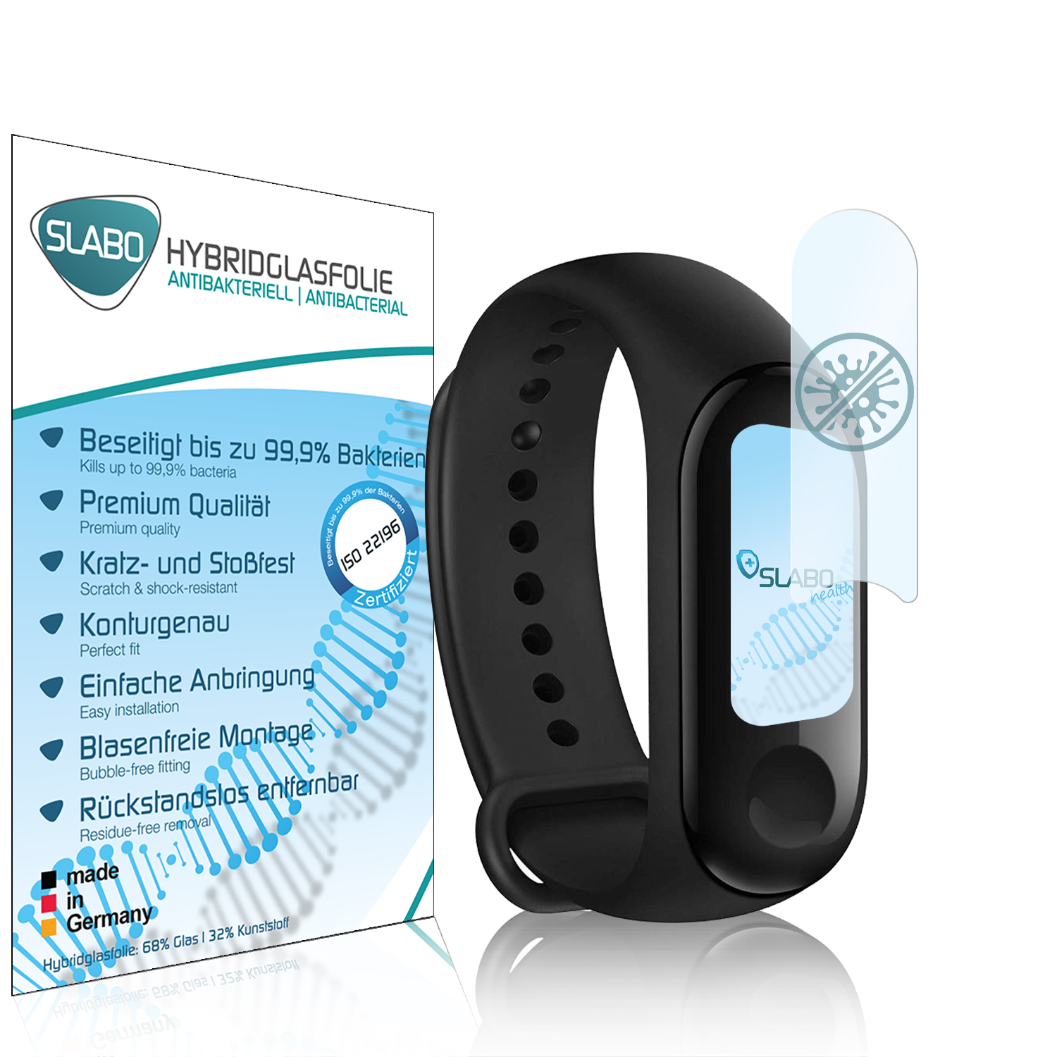 Schwarzer Fitnesstracker mit einer Box. Box hat Text und Bilder. Weißer Hintergrund.
