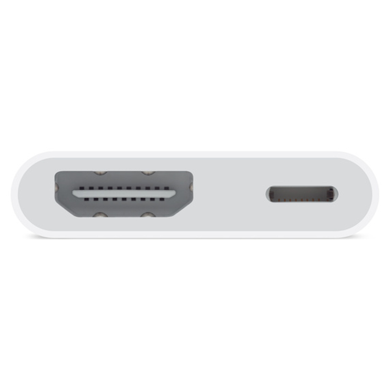 Ein weißer Adapter mit HDMI- und USB-C-Anschlüssen, nach oben gerichtet.