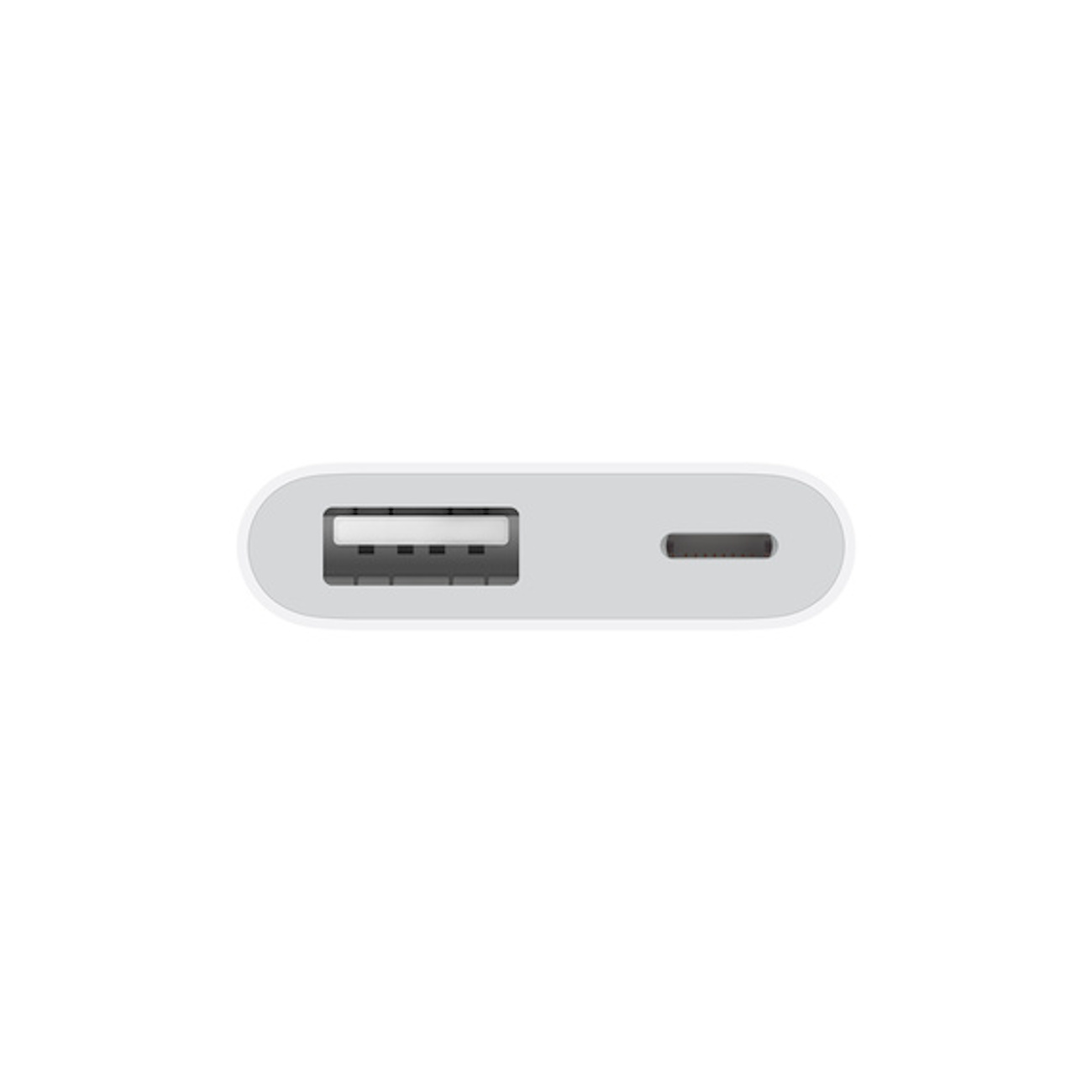 Weißer USB-C-Adapter mit USB- und USB-C-Anschlüssen, Draufsicht. Weißer Hintergrund.