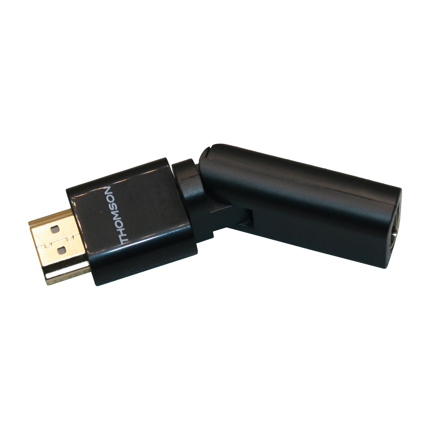 Schwarzer HDMI-Adapter mit THOSMON-Logo. Er hat einen USB-Anschluss und einen Schwenkbereich.