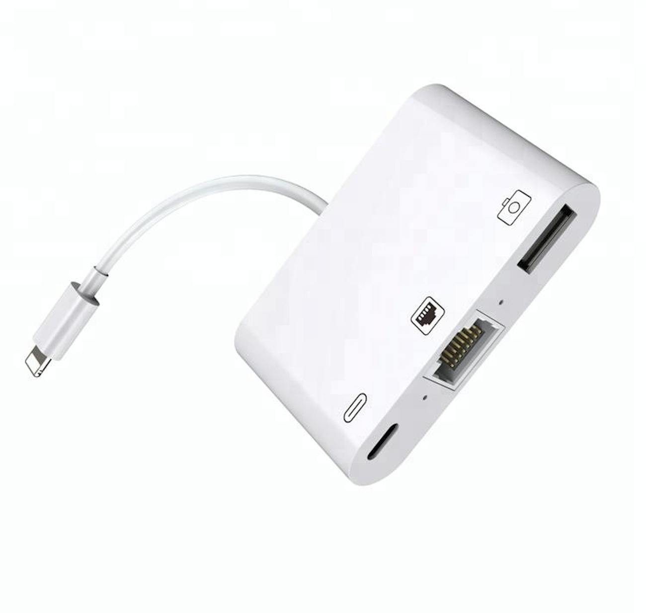 Weißer Adapter mit Anschlüssen, Lightning-Kabel und weißem Hintergrund.