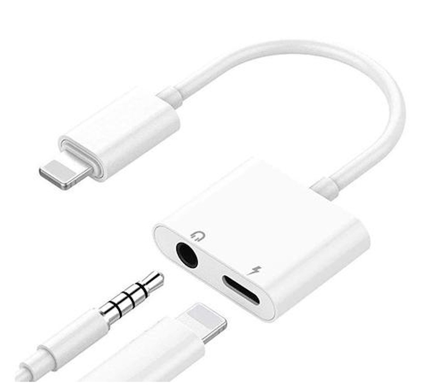 Ein weißer iPhone-Adapter mit Ladeanschluss und Audioanschluss.