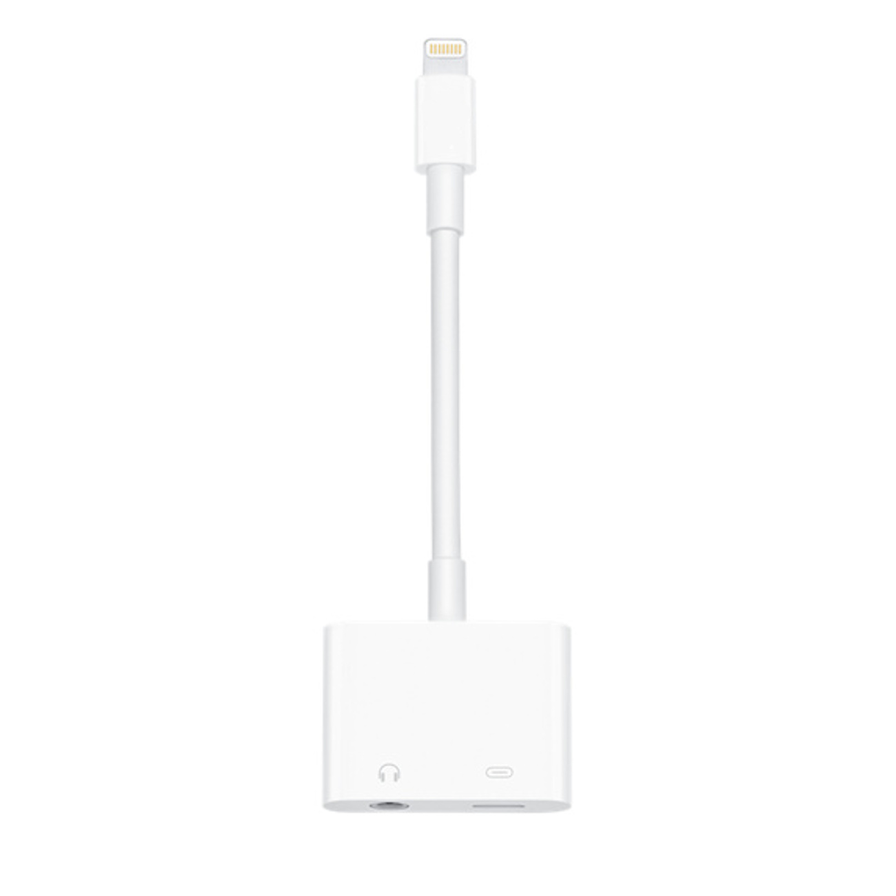 Ein weißer Adapter mit zwei Anschlüssen. Einer für Kopfhörer und einer für ein Ladegerät.
