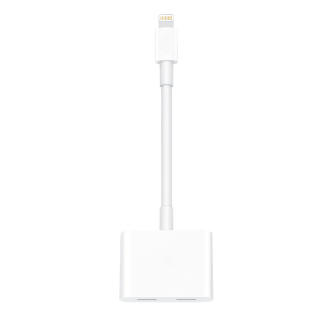 Adattatore Apple bianco con connettore Lightning, su sfondo bianco.