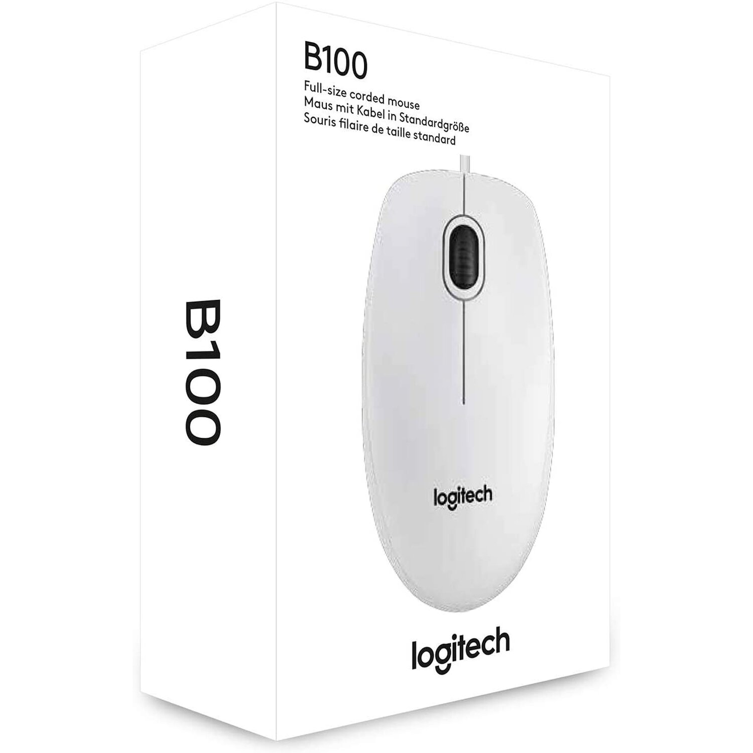 Biała mysz Logitech B100 w pudełku. Pudełko ze zdjęciem myszy i szczegółami.
