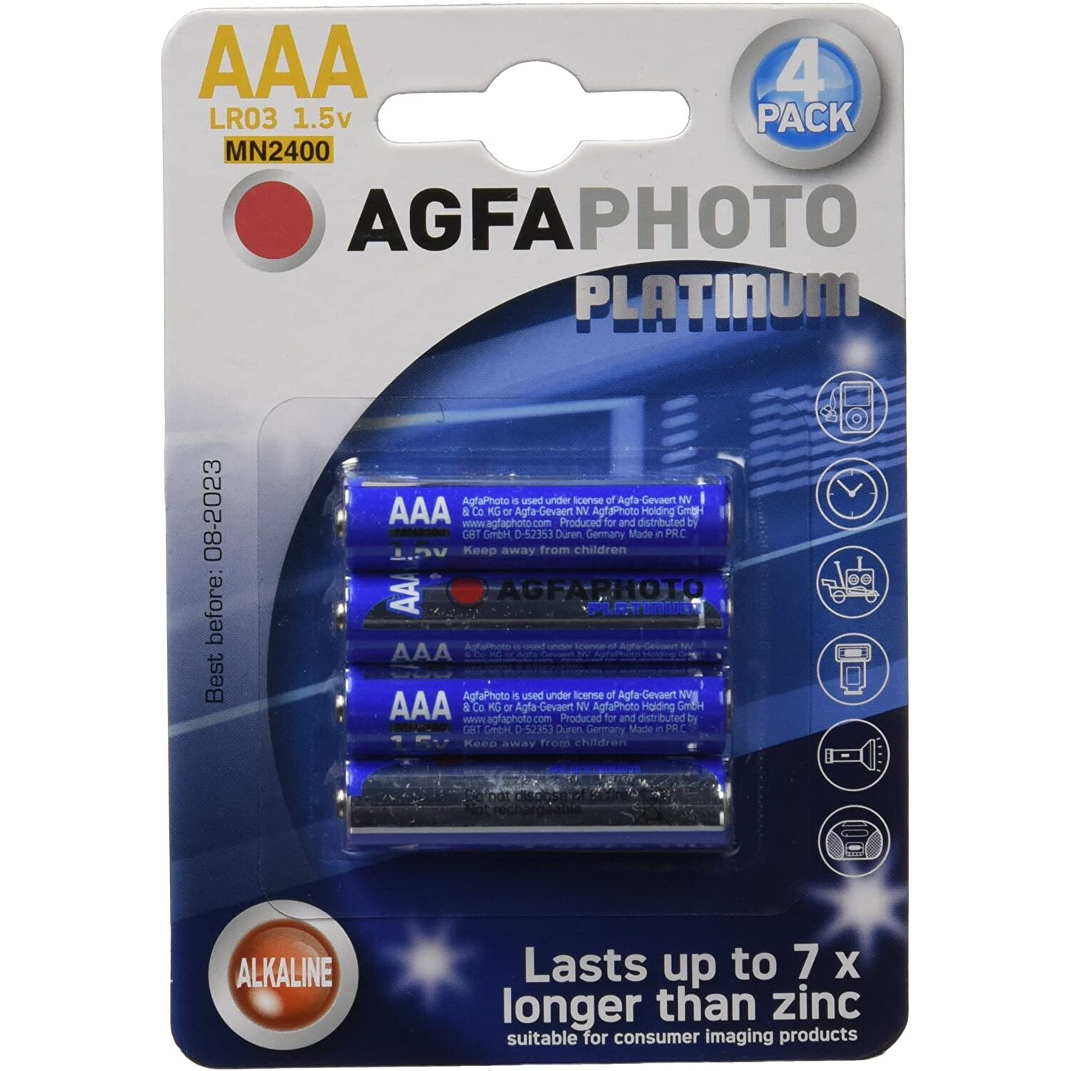 Cztery baterie AAA w blistrze. Tekst brzmi: AGFA PHOTO PLATINUM.
