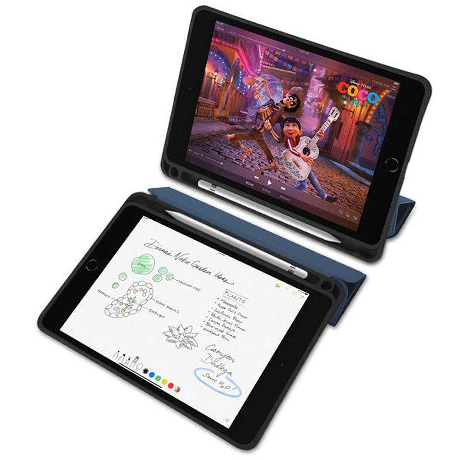 Zwei Tablets. Eines zeigt einen Film, das andere eine Zeichnung. Weißer Hintergrund.