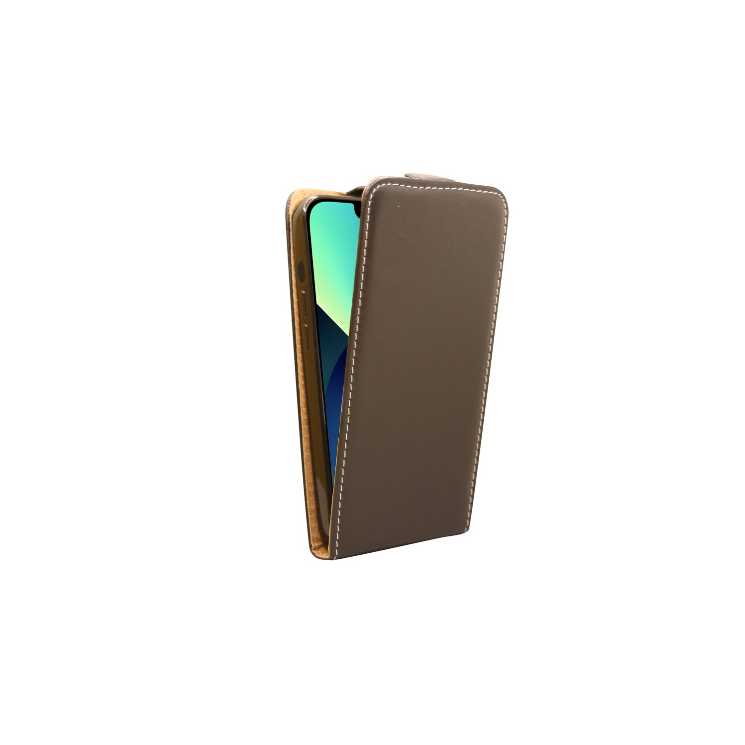 Braunes Leder-Handycase mit Handy und grünem Bildschirm, weißer Hintergrund.