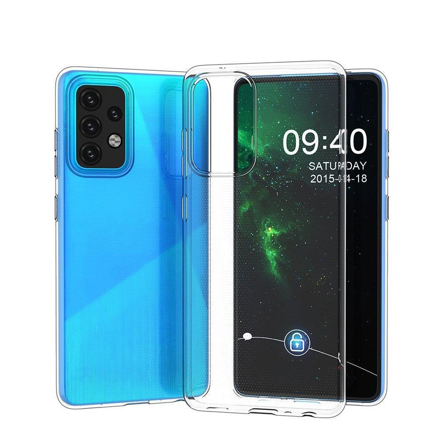 Telefon in transparenter Hülle. Das Telefon zeigt einen Sperrbildschirm mit Uhrzeit und Datum.