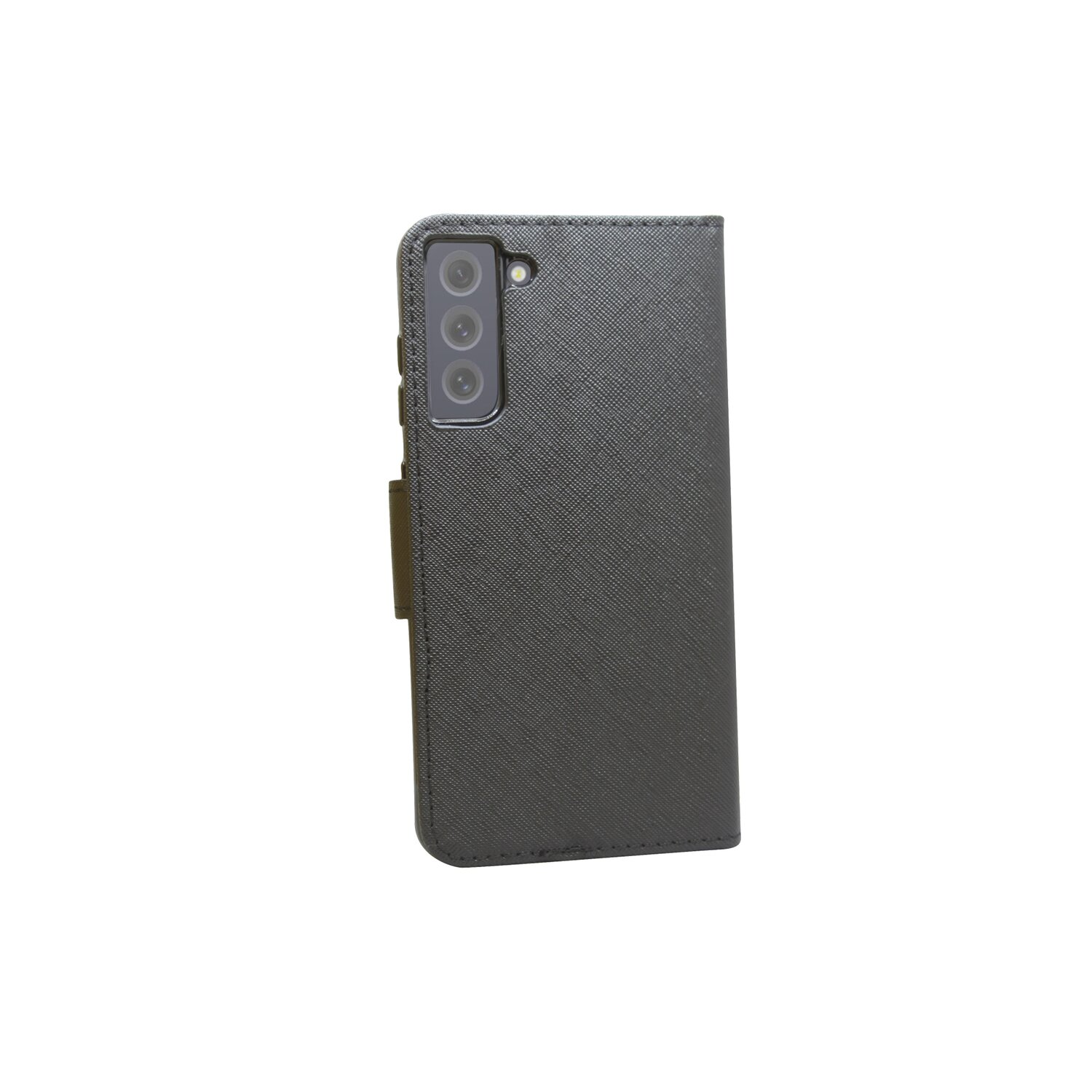 Dunkelgraue Handyhülle mit Telefon. Die Hülle ist geschlossen.