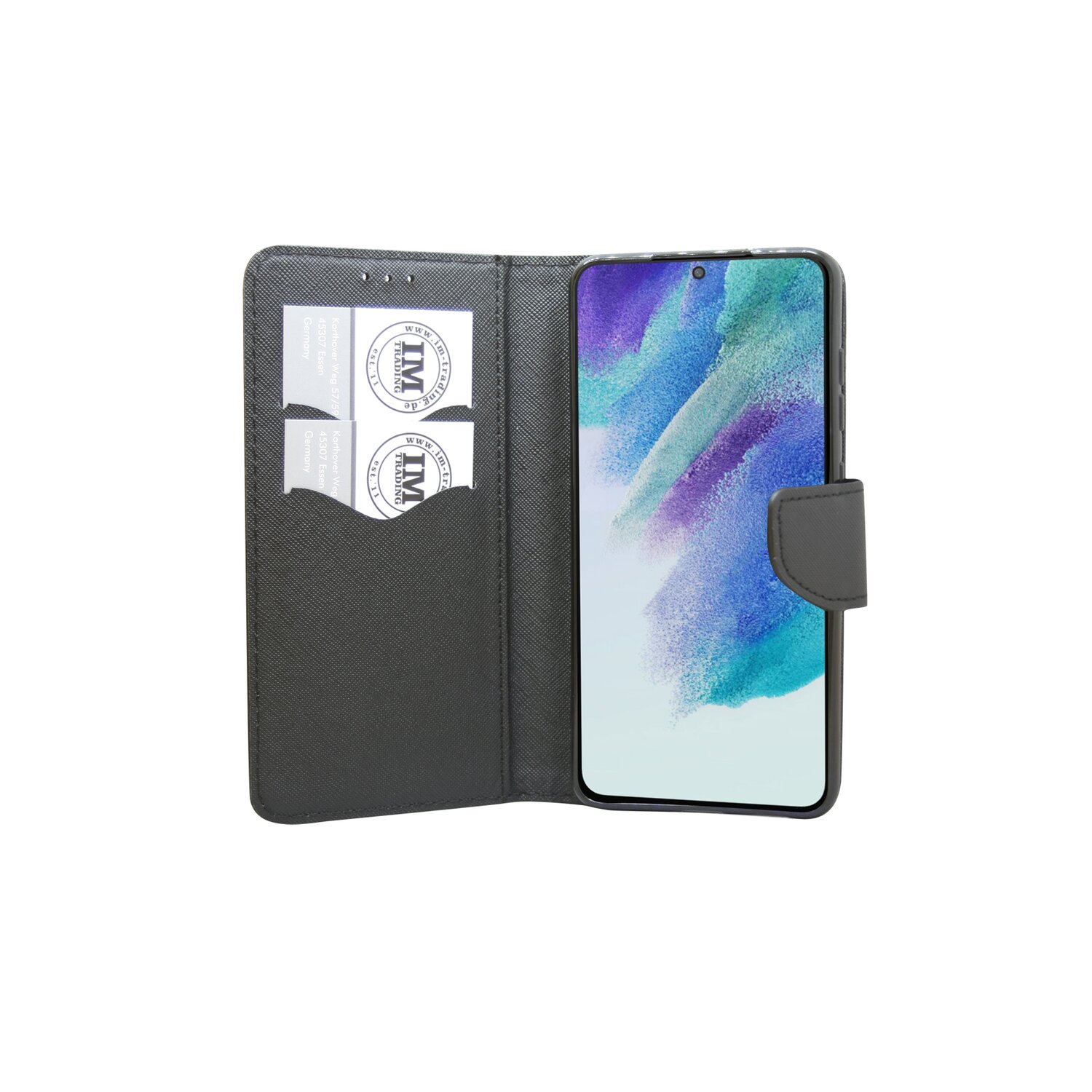 Geöffnete schwarze Handyhülle, die ein Telefon und Kartenfächer zeigt. Graue Hülle mit Magnetverschluss.