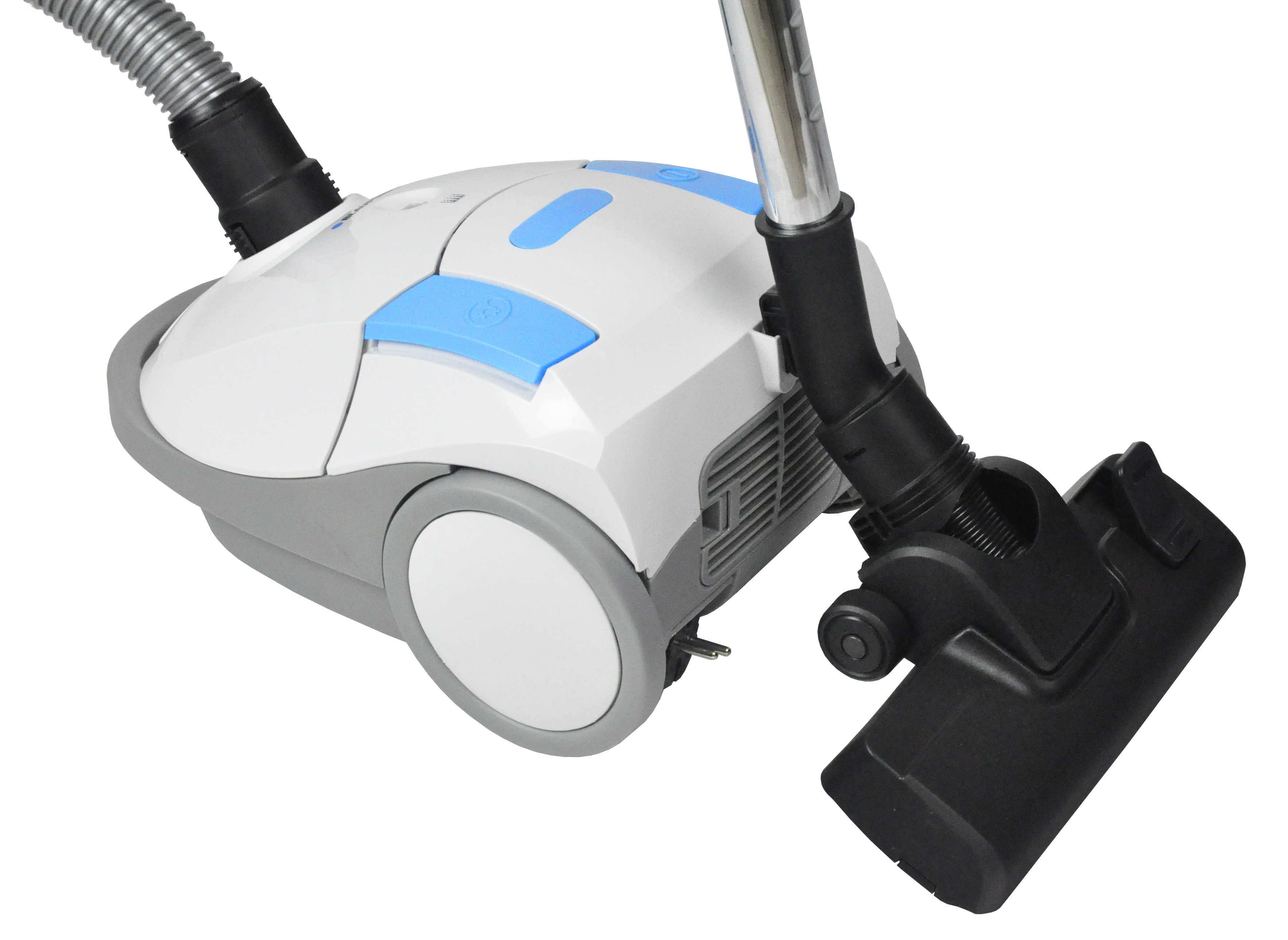 Biało-niebieski odkurzacz z wężem i głowicą czyszczącą na ciemnej powierzchni.