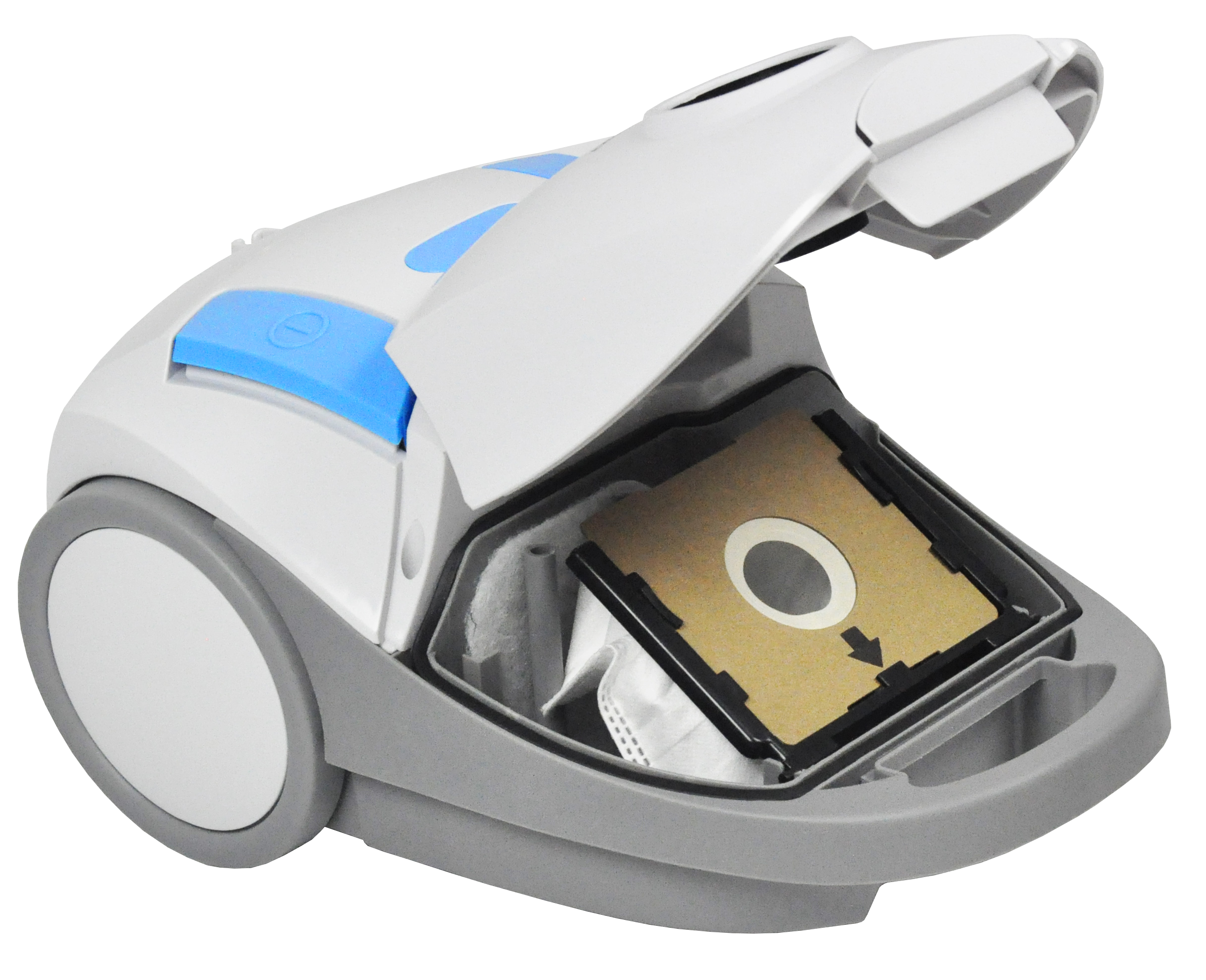 Odkurzacz z otwartym pojemnikiem na worek na kurz, odsłaniający worek filtrujący.