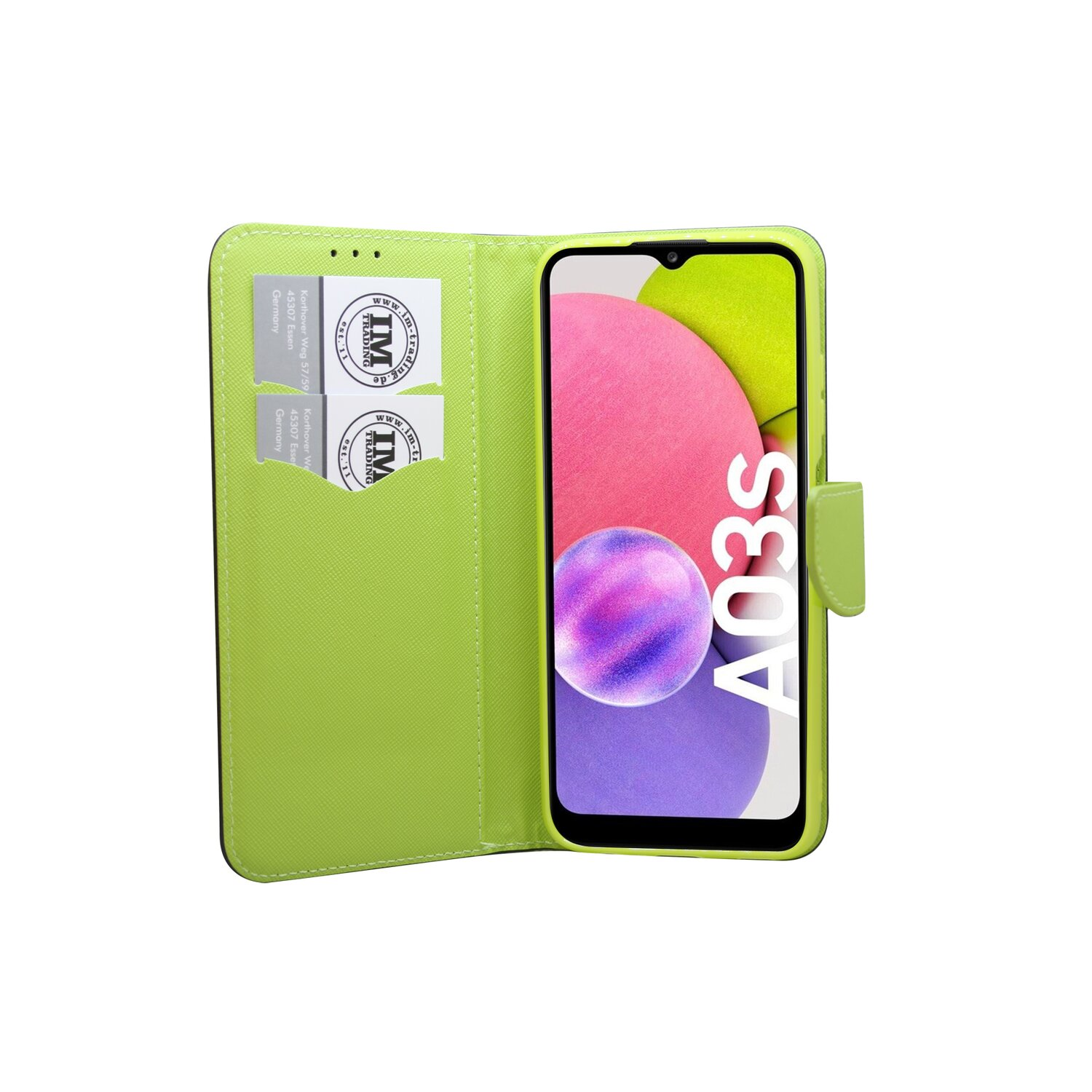 Hellgrüne Handyhülle offen, mit einem Handy mit farbenfrohem Bildschirm und zwei Karten.