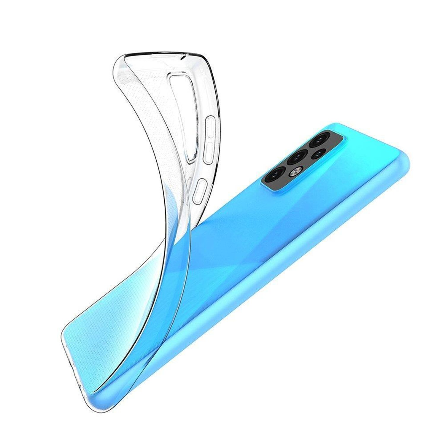 Ein blaues Smartphone mit einer durchsichtigen Hülle. Das Telefon hat ein Kameramodul auf der Rückseite.