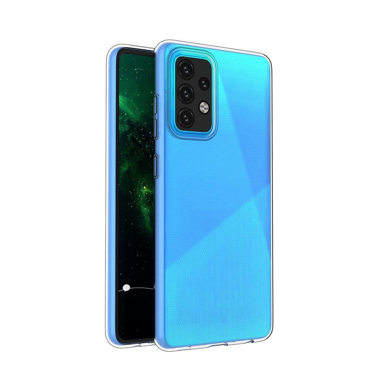 Blaues Telefon in einer Hülle. Ein Bildschirm ist mit einem grün-schwarzen Hintergrund sichtbar.
