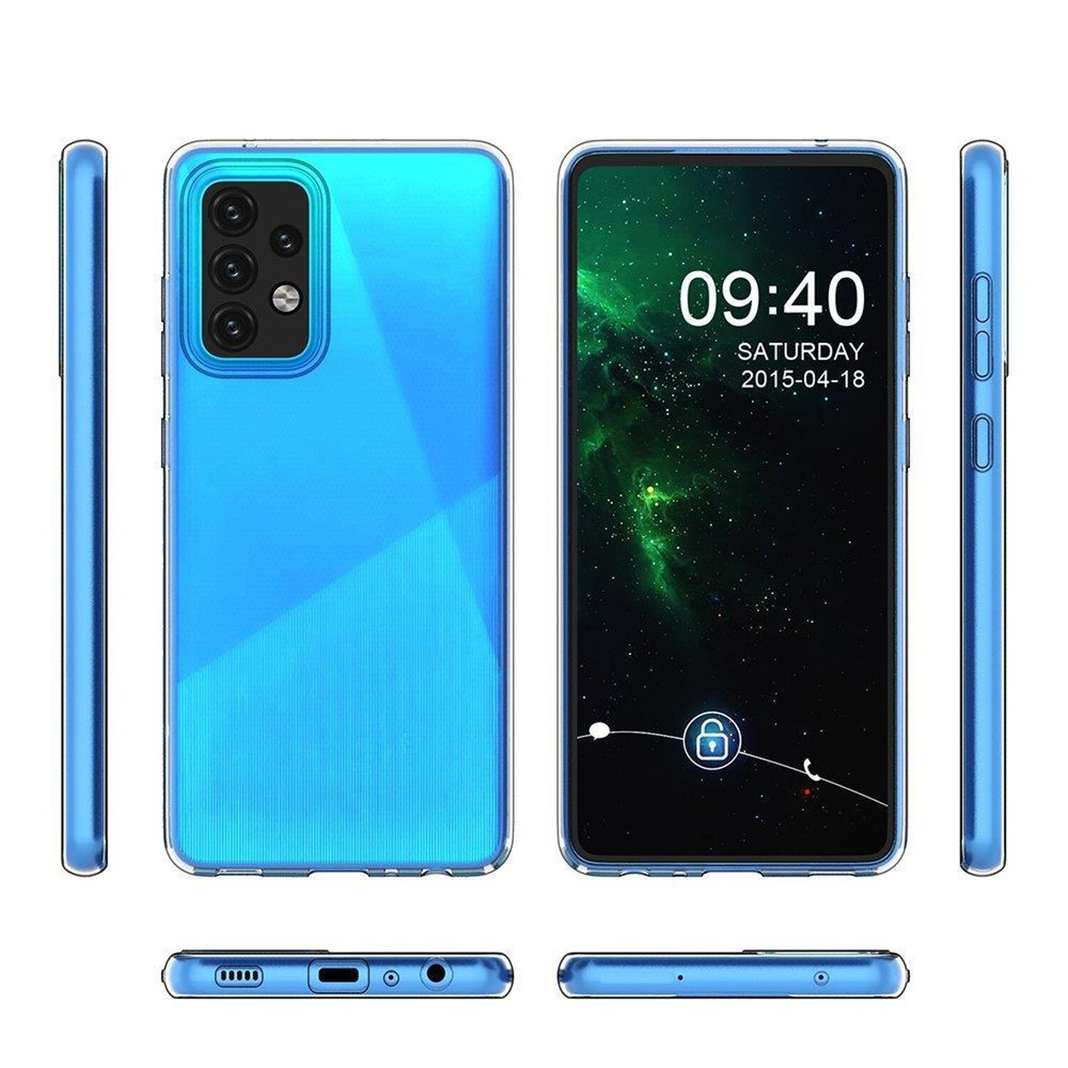 Ein blaues Telefon in einer durchsichtigen Handyhülle, wobei der Bildschirm Zeit und Datum anzeigt.