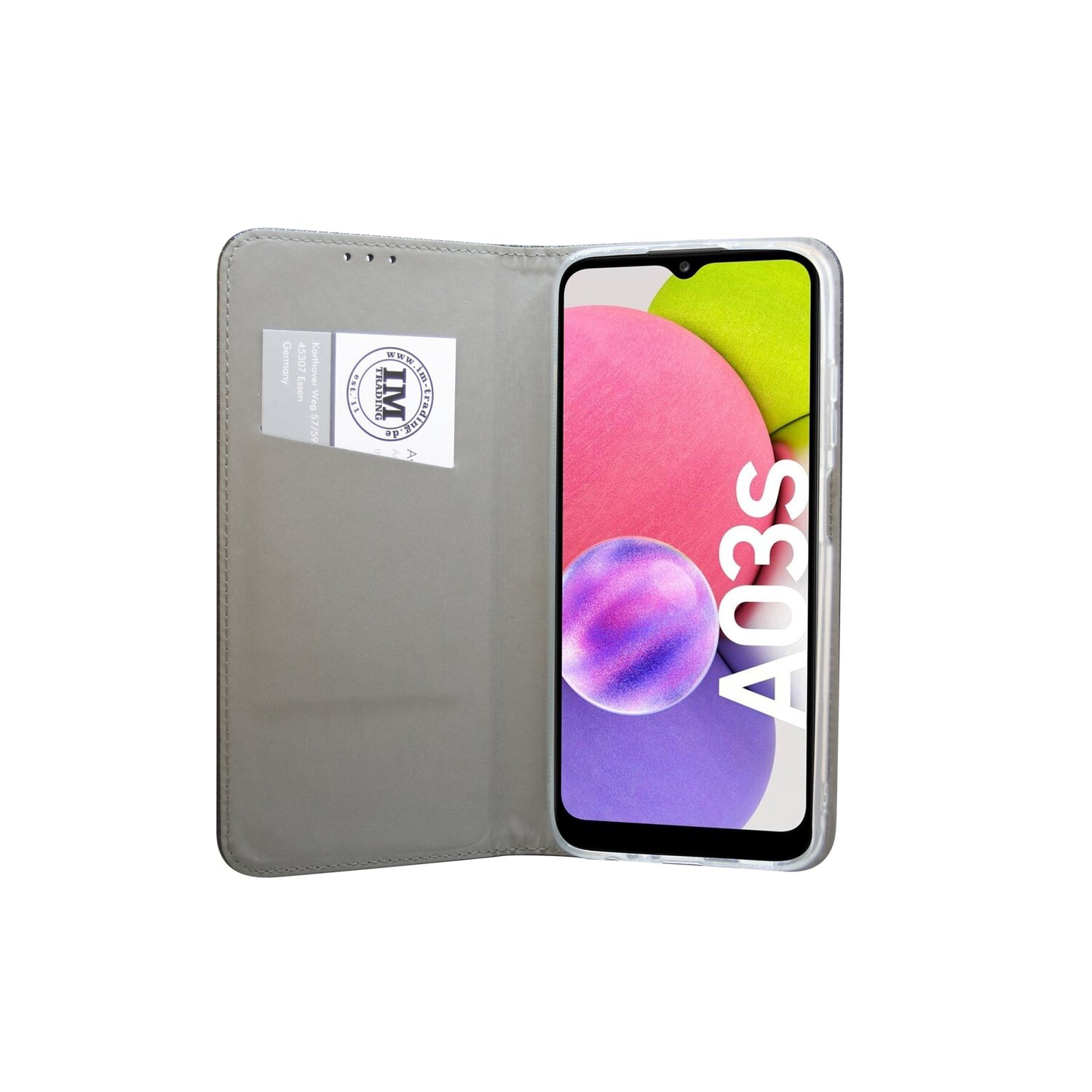 Geöffnete graue Handyhülle mit Telefon darin. Das Telefon hat einen rosa und gelben Hintergrund.