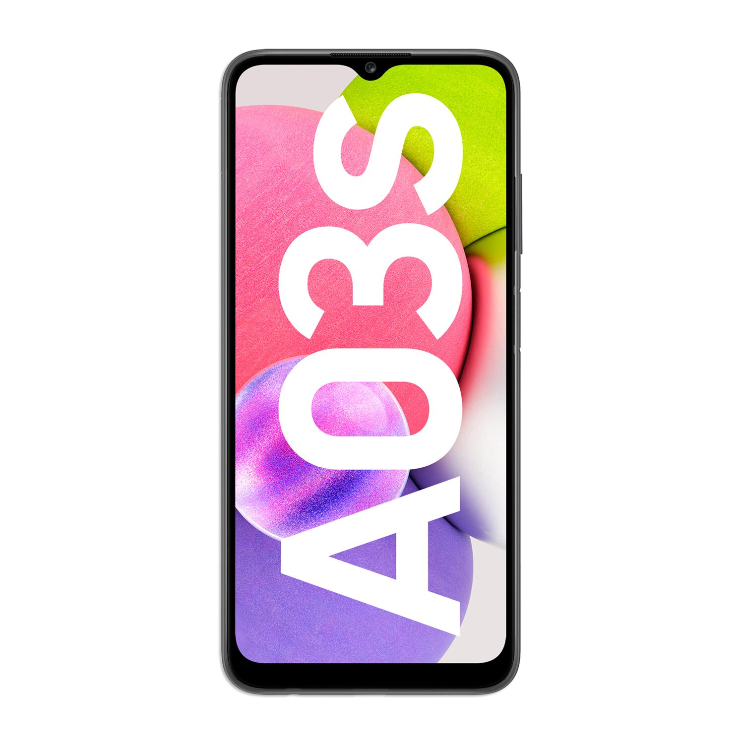 Ein schwarzes Samsung A03S Smartphone. Der Bildschirm zeigt weißen 'A03S'-Text auf buntem Hintergrund.