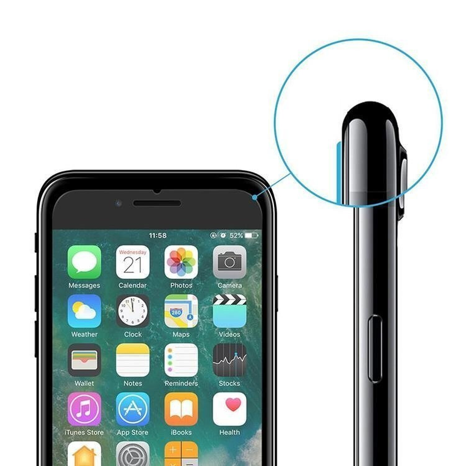Ein iPhone, das den Home-Bildschirm mit App-Symbolen anzeigt, mit Teilansicht des Telefons.