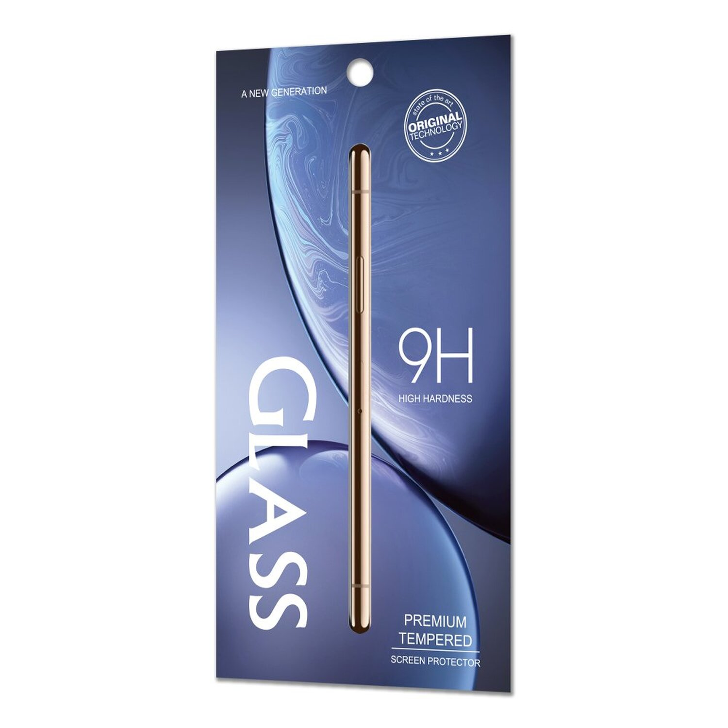 Verpackung für Displayschutzfolie mit goldenem Telefonbild. Text 'GLASS' sichtbar.