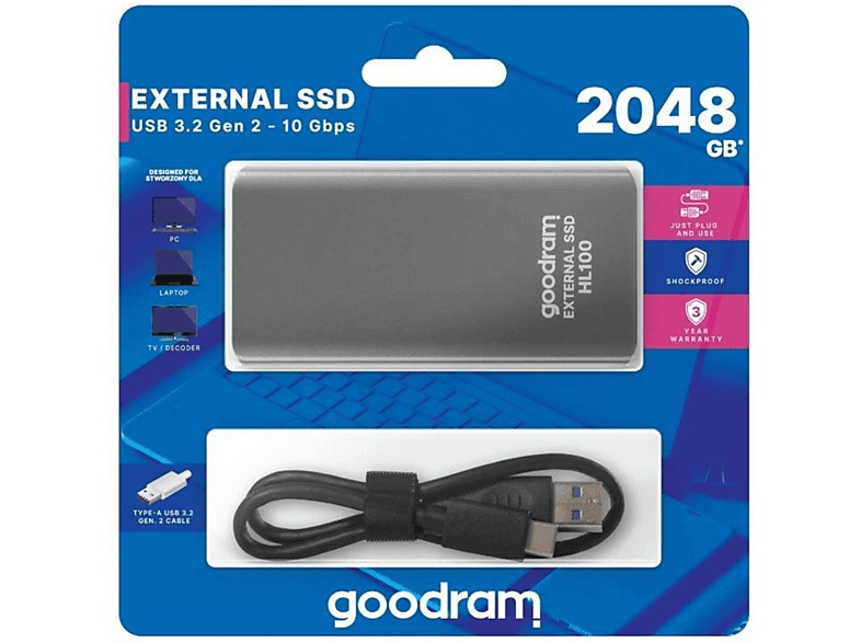 GOOD RAM 2TB extern, Gen. grau HL100 / 10Gbps, / 2 GB USB3.2 SSD SSD, 2048