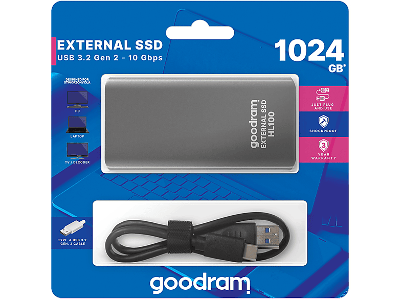 GOOD RAM 1TB SSD Externe Festplatte (1024GB), HL100 Gen. 2 / USB 3.2 / 10Gbps, 1024 GB SSD, extern, grau