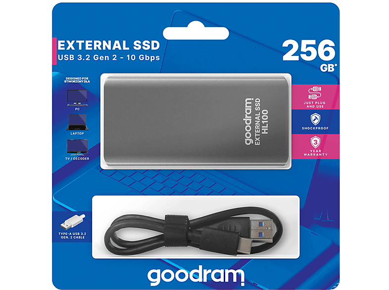 GOOD RAM 256 GB SSD Externe Festplatte, HL100 Gen. 2 / USB 3.2 / 10Gbps, 256 GB SSD, extern, grau