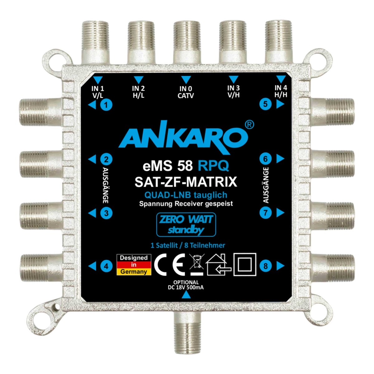 Silber-schwarze Ankaro eMS 58 RPQ SAT-ZF-MATRIX mit mehreren Anschlussports.