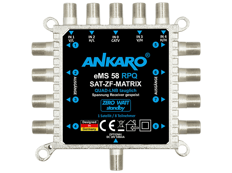 ANKARO eMS 58 RPQ, Multischalter für 8 Teilnehmer, 1 Satellit, ZERO WATT im STANDBY, Quad LNC tauglich SAT-Multischalter