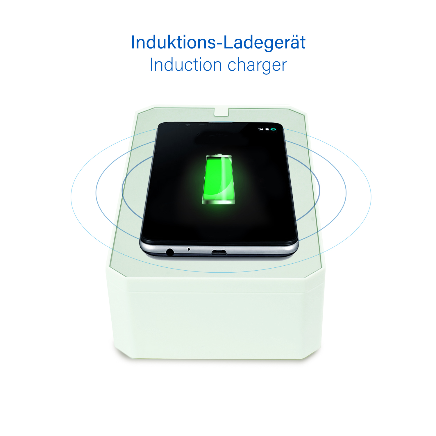 Ein Telefon, das auf einem weißen Induktionsladegerät mit grünem Akkusymbol geladen wird. Weißer Hintergrund.