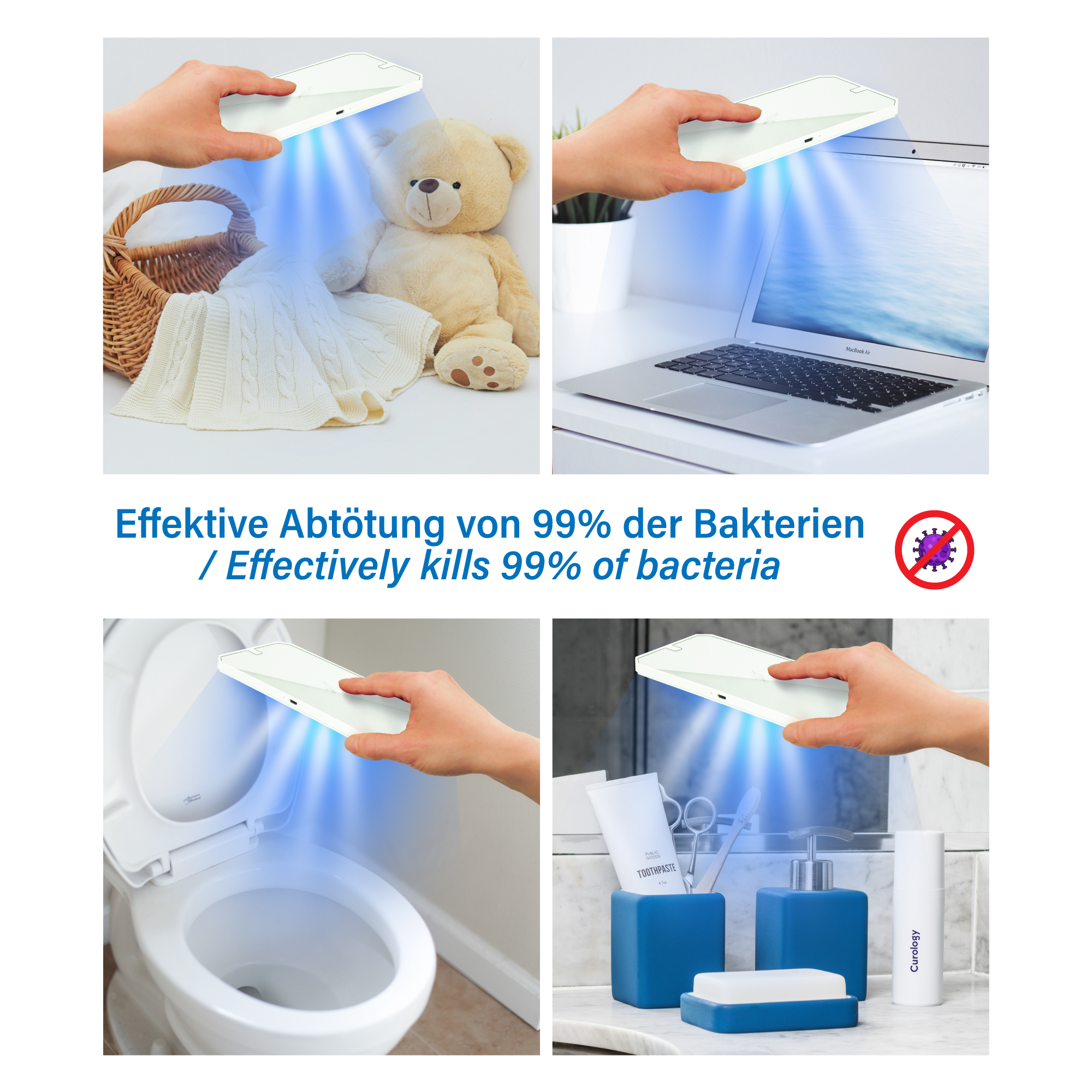 Mehrere Bilder zeigen ein weißes Gerät, das Gegenstände mit blauem Licht desinfiziert, Bakterien abtötet.