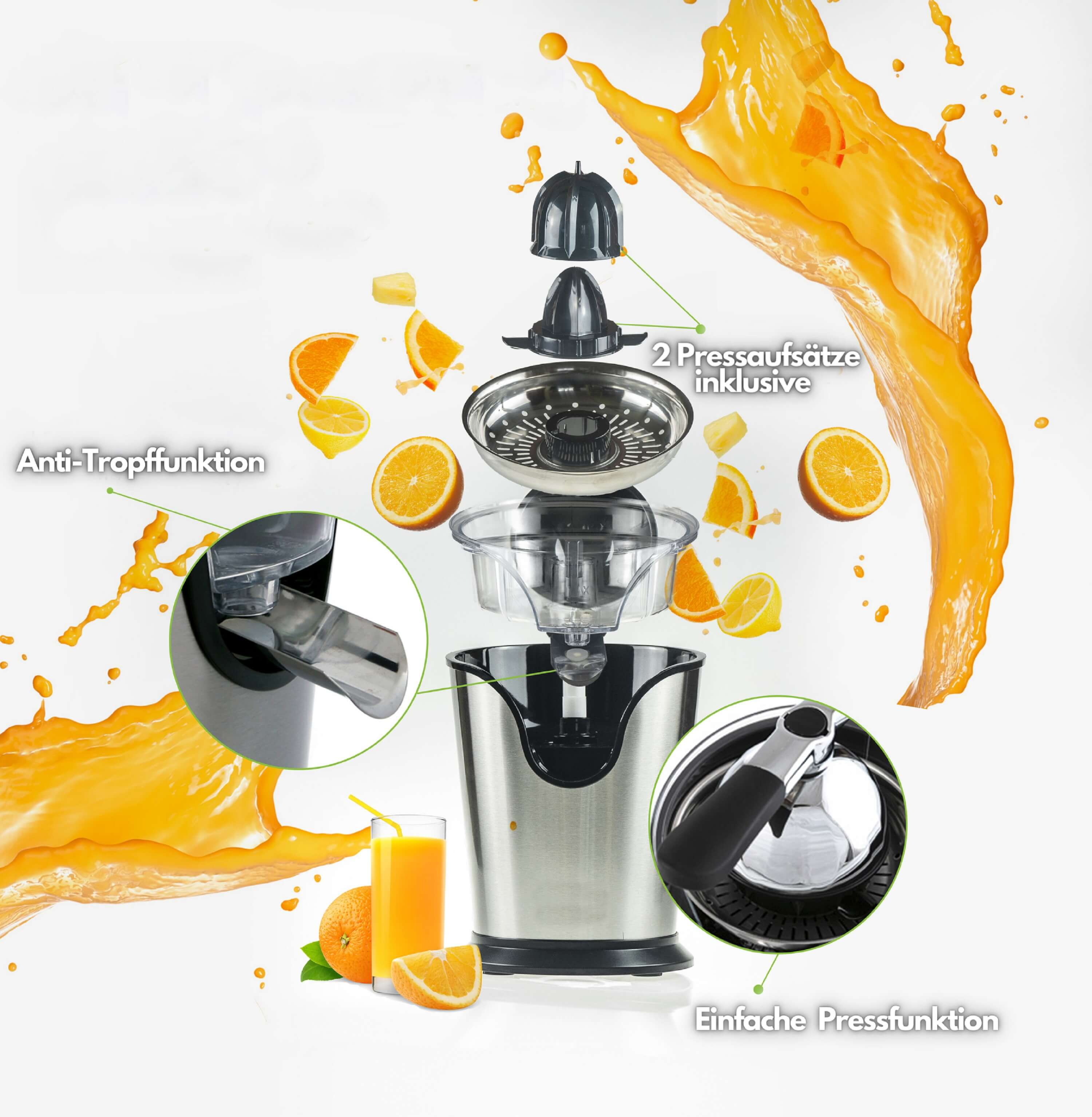 Explosionsansicht eines Entsafters mit Orangensaft und geschnittenen Orangen.
